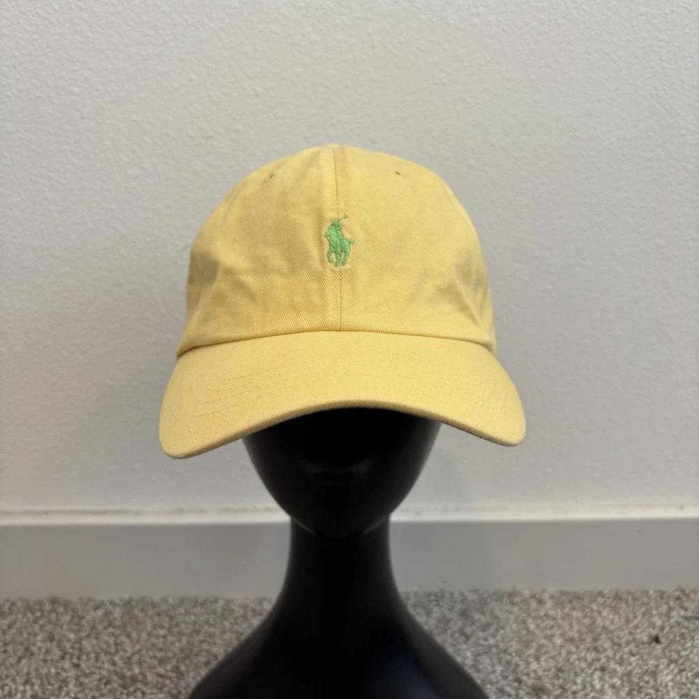 Vintage Polo Ralph Lauren Yellow Cap‎ Hat OS Adjustable Leather Strap Green Pony